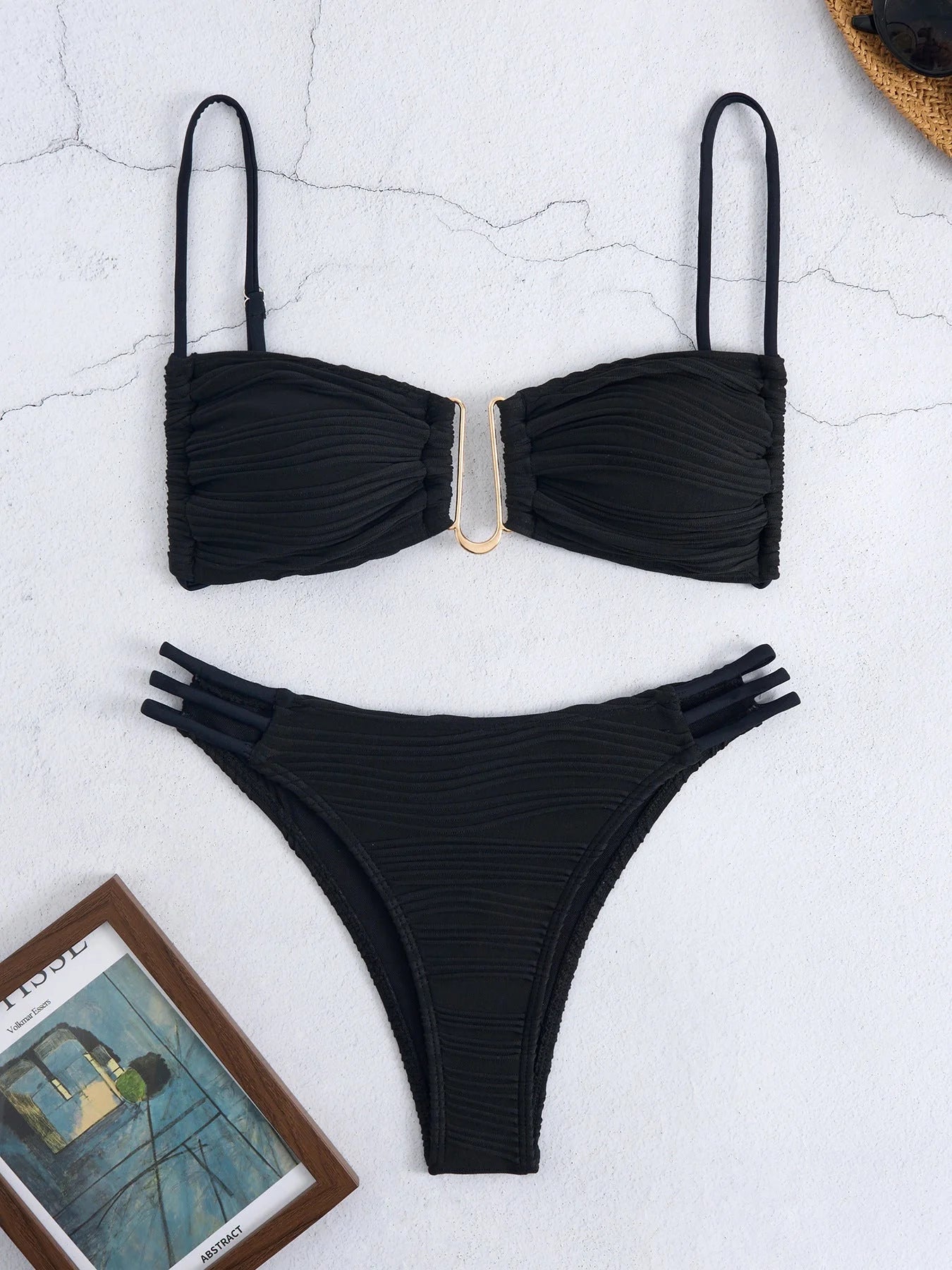 Sexy Underwire Bikini Set - Apricot Plunging Triangle Top