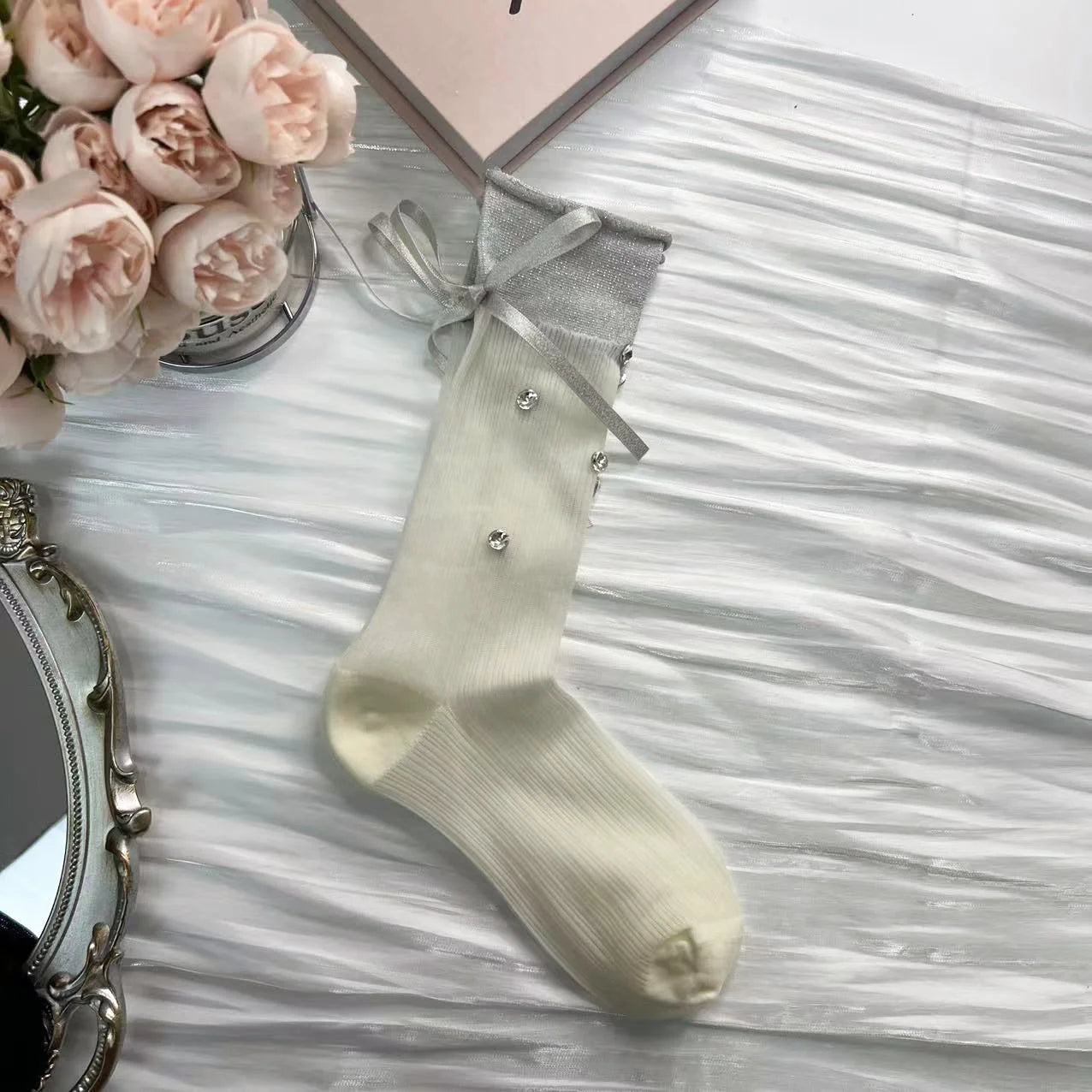 Bow Embellished Mid-Calf Socks with Rhinestones - Fairy Princess Style
