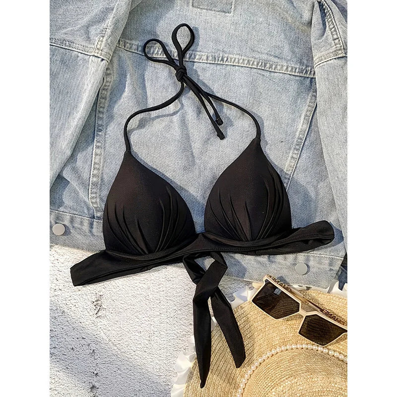 Tie-strap triangle bikini with plunging neckline