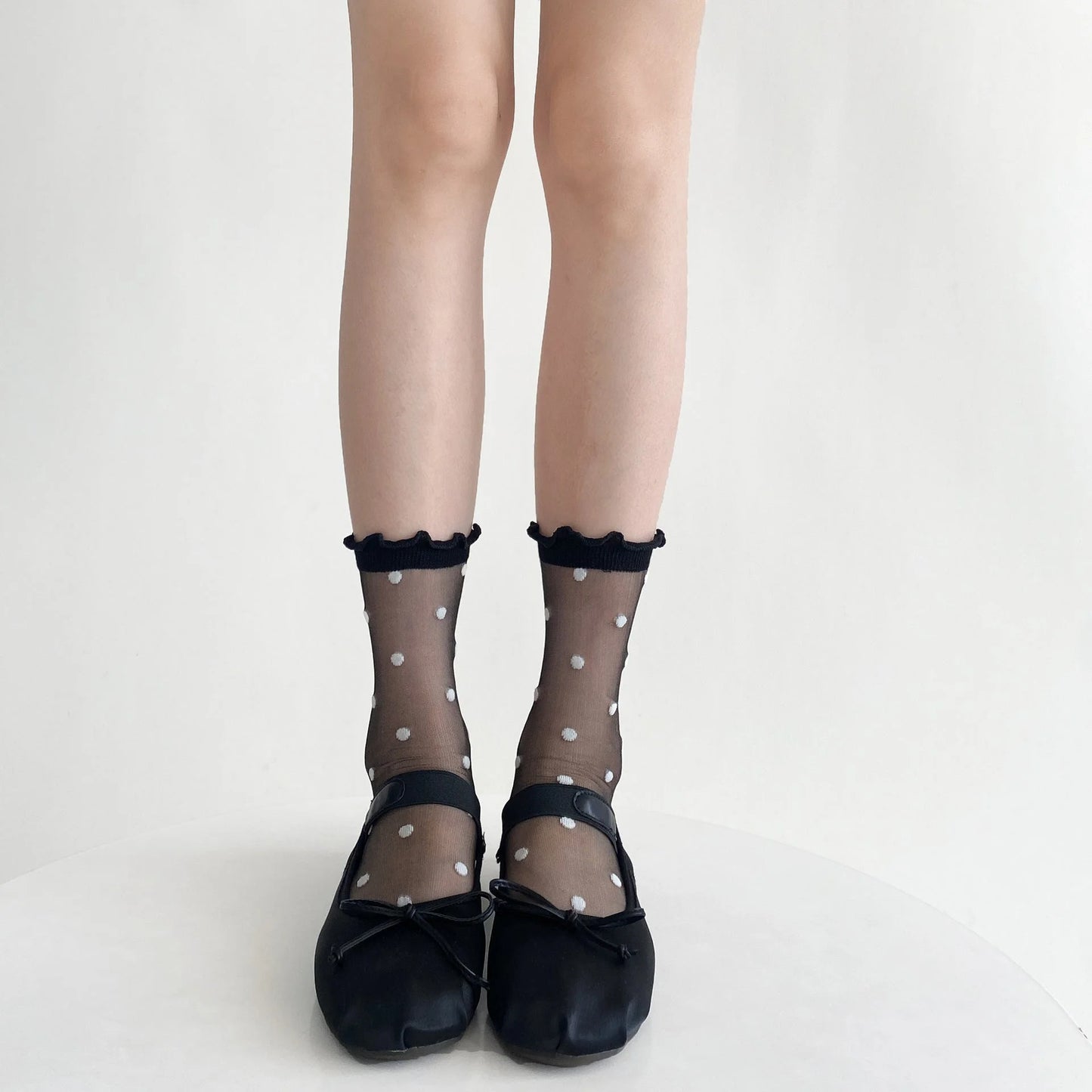 Sheer Polka Dot Ruffle Socks - Black & White Mid-Calf Stockings