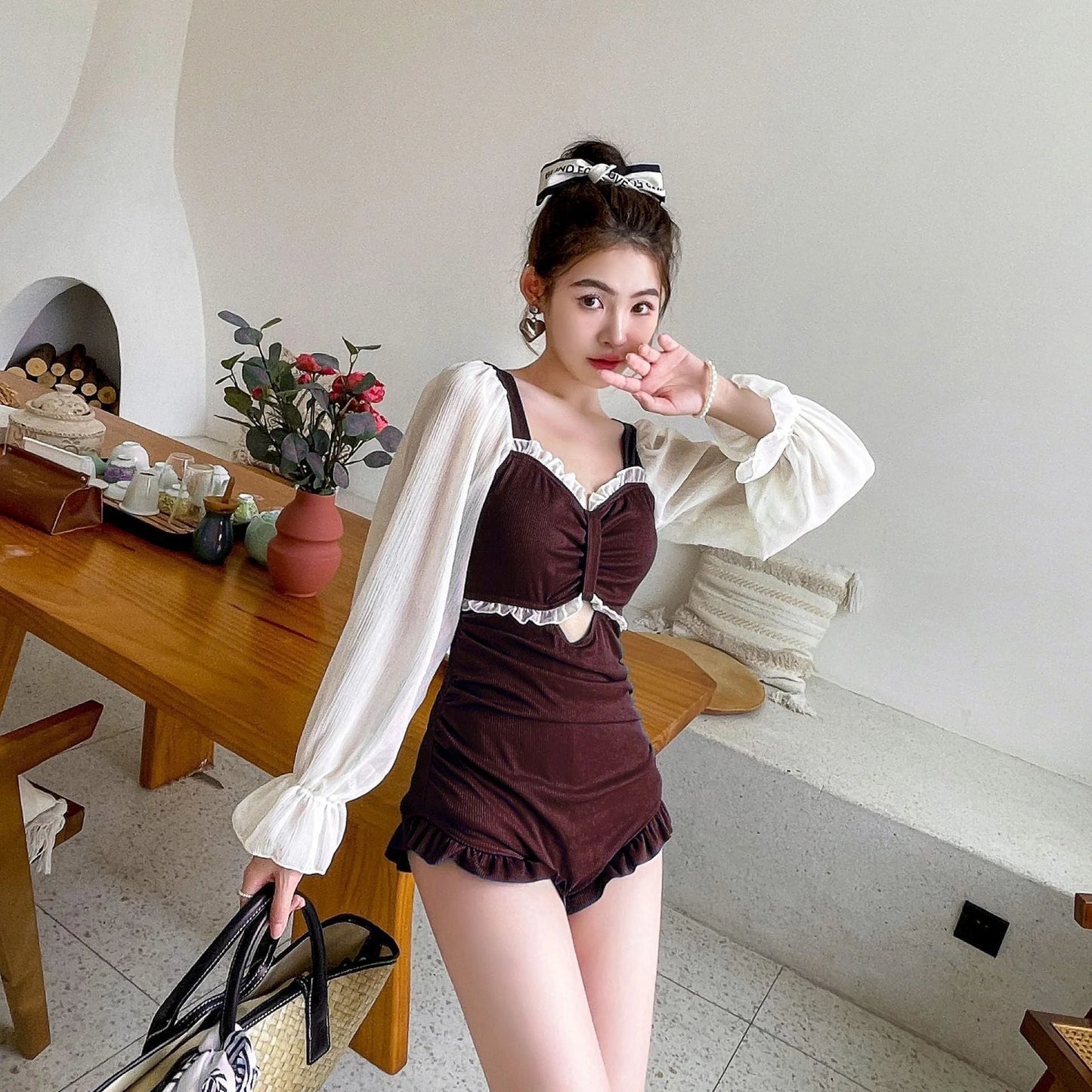 Sheer Long Sleeve One Piece Swimsuit with Cutout Waistband - Conservative Cut Tummy Control