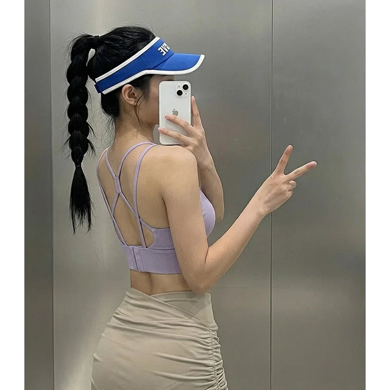 Seamless one-piece sports bra, summer thin crop tank top, crisscross back detail