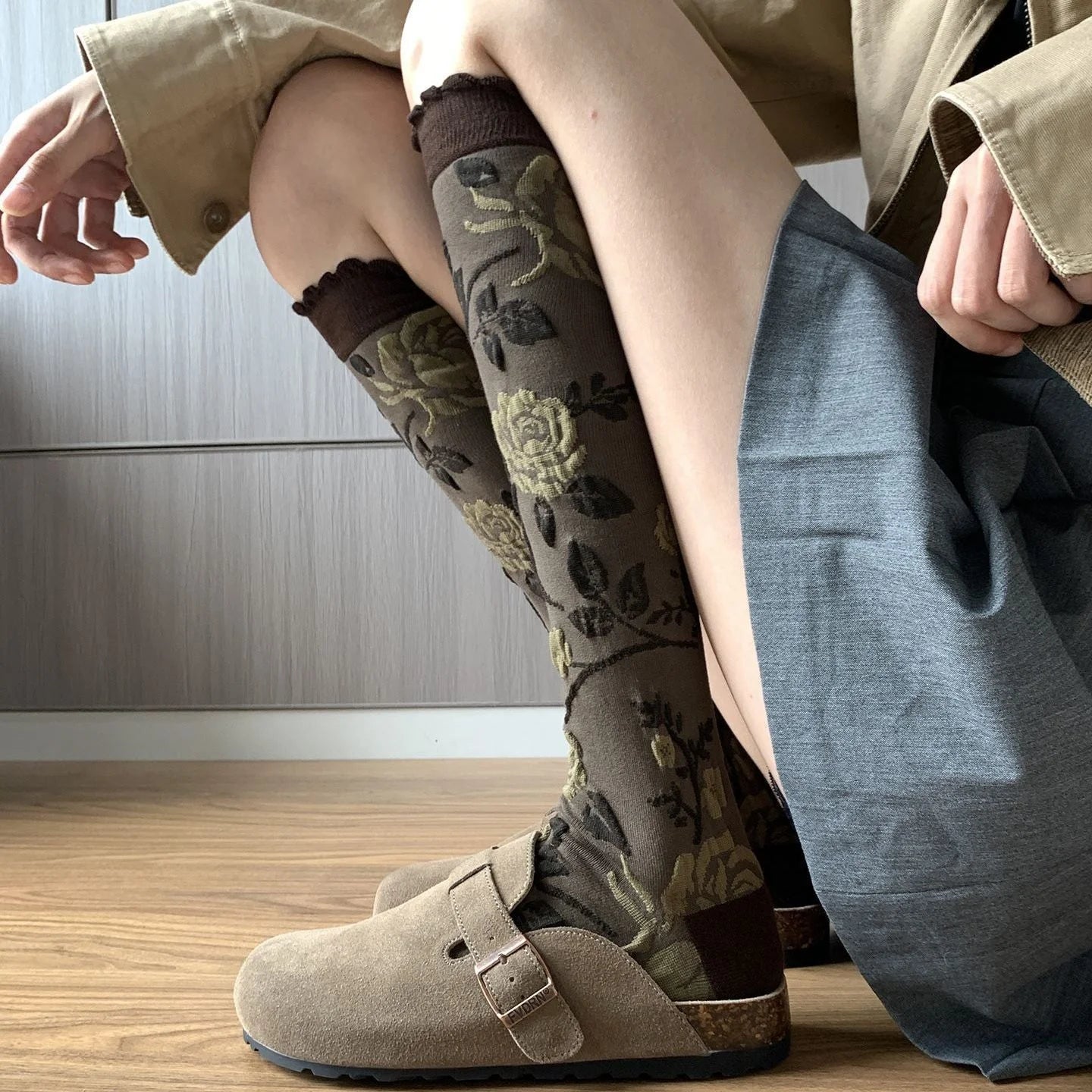 French Vintage Floral Knee High Socks in Coffee Rose Design