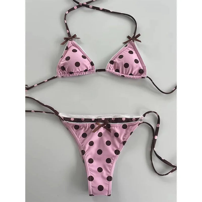 Polka Dot Triangle Bikini Set - Adjustable Tie Halter Swimwear