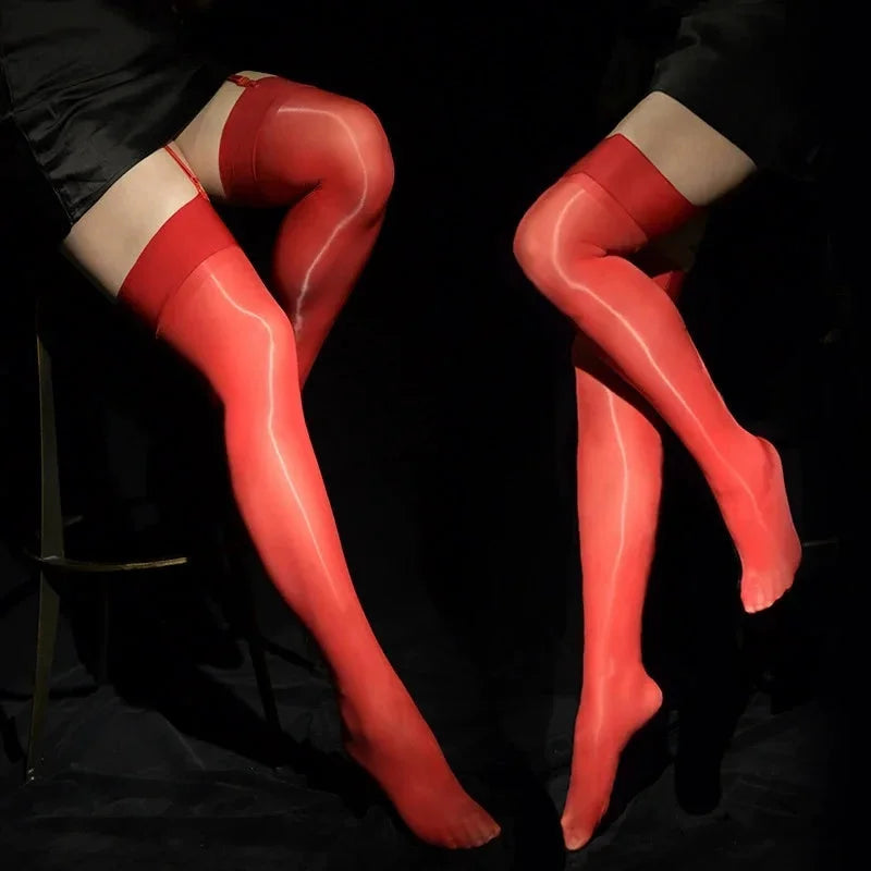 Shiny Hold Up Stockings Women - Sheer Glossy Elastic Thigh High Hosiery