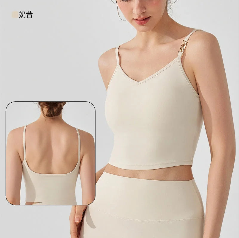 Nude Feel One-Piece Yoga Bra with Built-in Bra Cup, Spaghetti Strap Tank Top