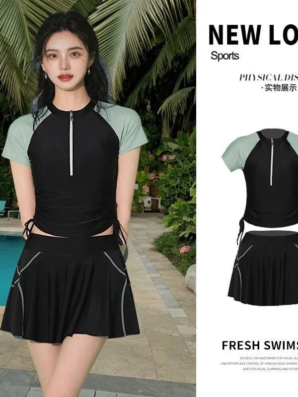 Slimming Crop Top Skirt Set - High-Waisted Pleated Mini Skirt & Ruched Crop Top