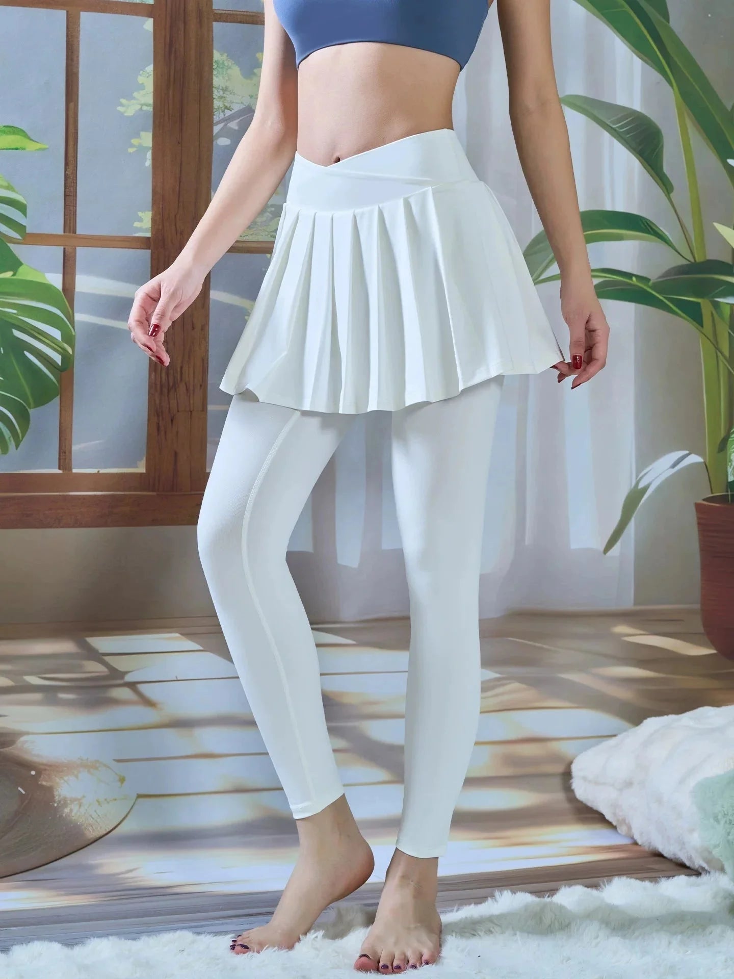 High Waisted Pleated Yoga Skirt Leggings - Anti-Chafe Quick Dry