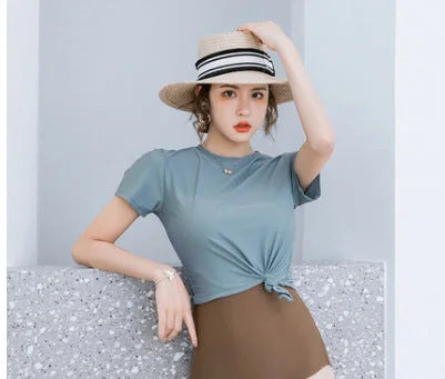 High-waisted retro two-piece bikini with short sleeves, ruched detailing & tummy control