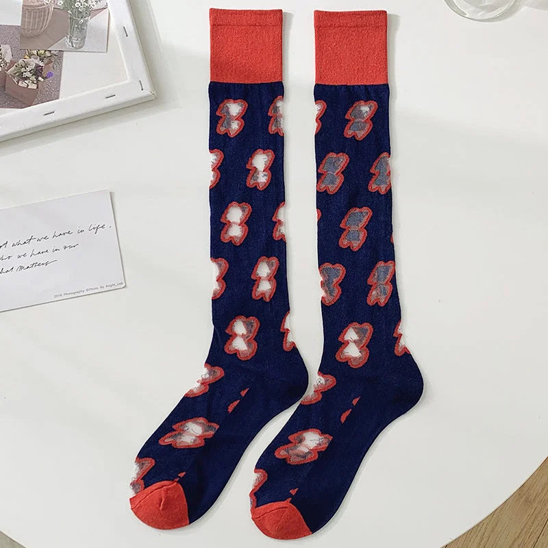 Floral Sheer Knee High Socks for Women - Navy & Pink Lace Cotton