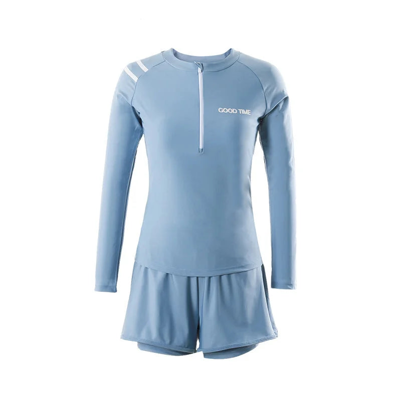 Conservative Long-Sleeve Swim Dress - Zipper Top Tummy Control Swimwear