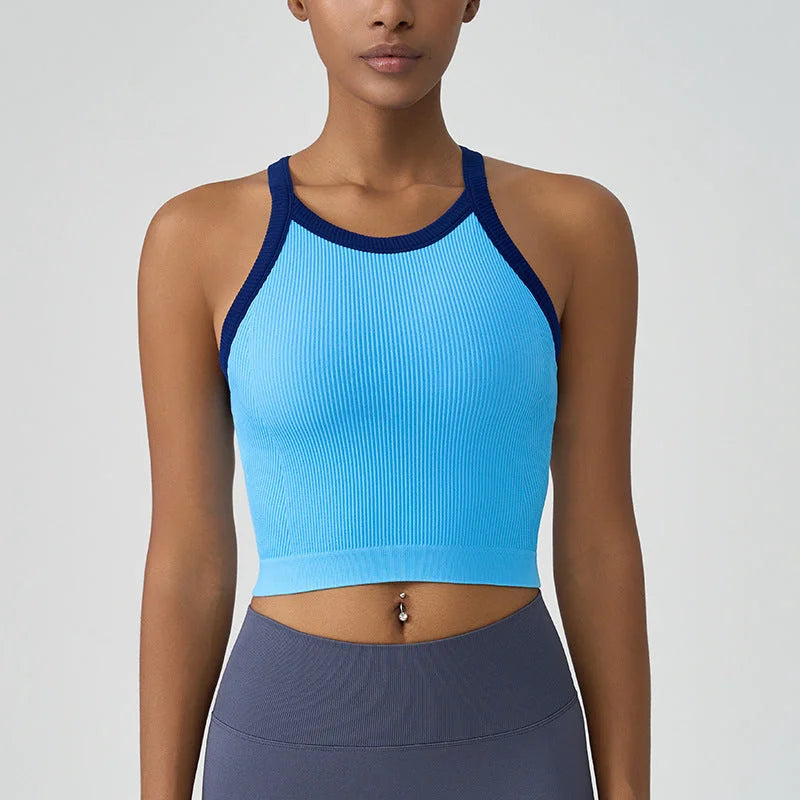 Color-Block Yoga Vest with Built-In Bra, High-Impact Sport Crop Top