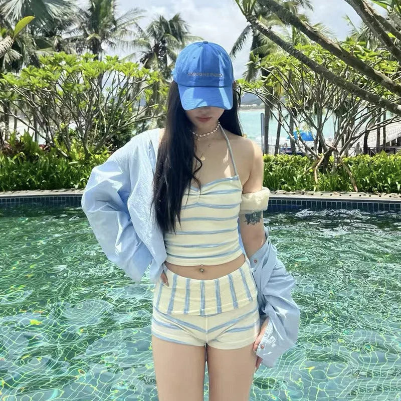 cute pure desire high-end striped halter two-piece conservative bikini