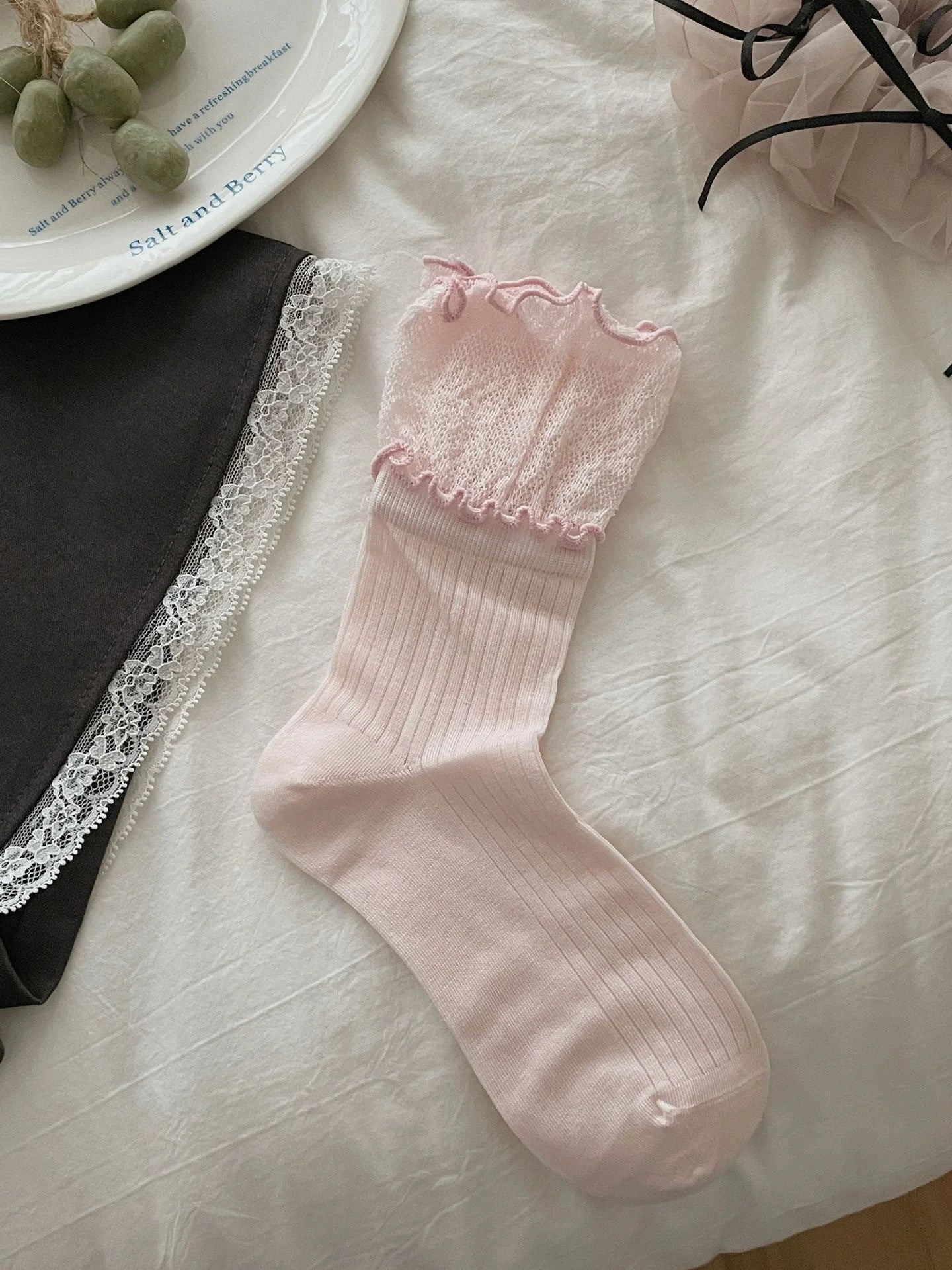Lace Trim Ballet Style Mid Calf Socks for Women Pure Cotton