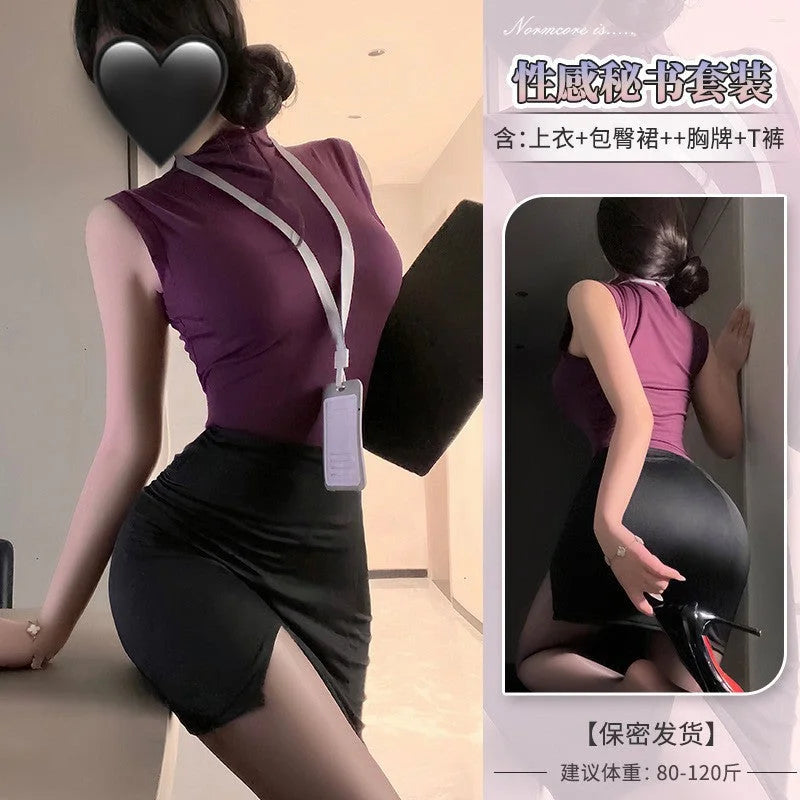 Secreteer office uniform lingerie set with bodycon skirt and sheer stockings