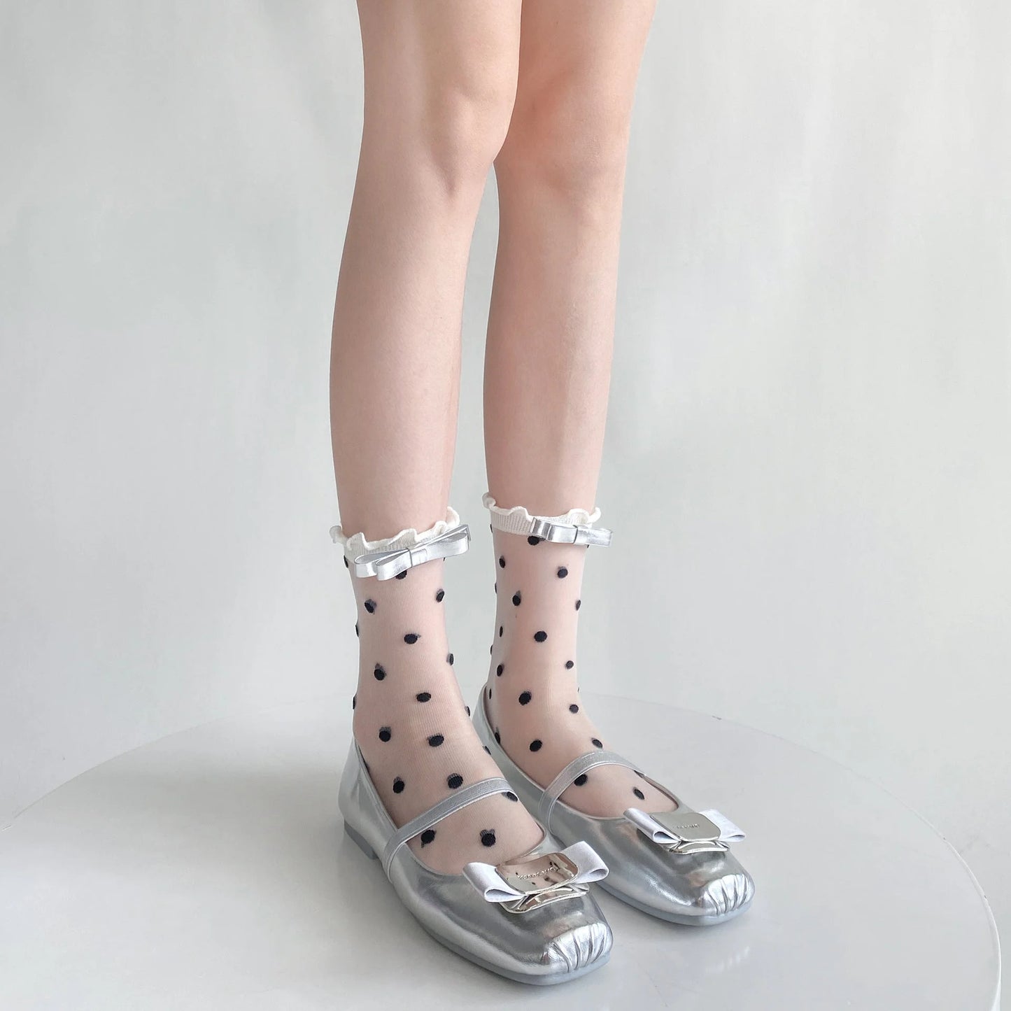 Polka Dot Sheer Socks with Bow Detail - Black & White Cute Ankle Socks