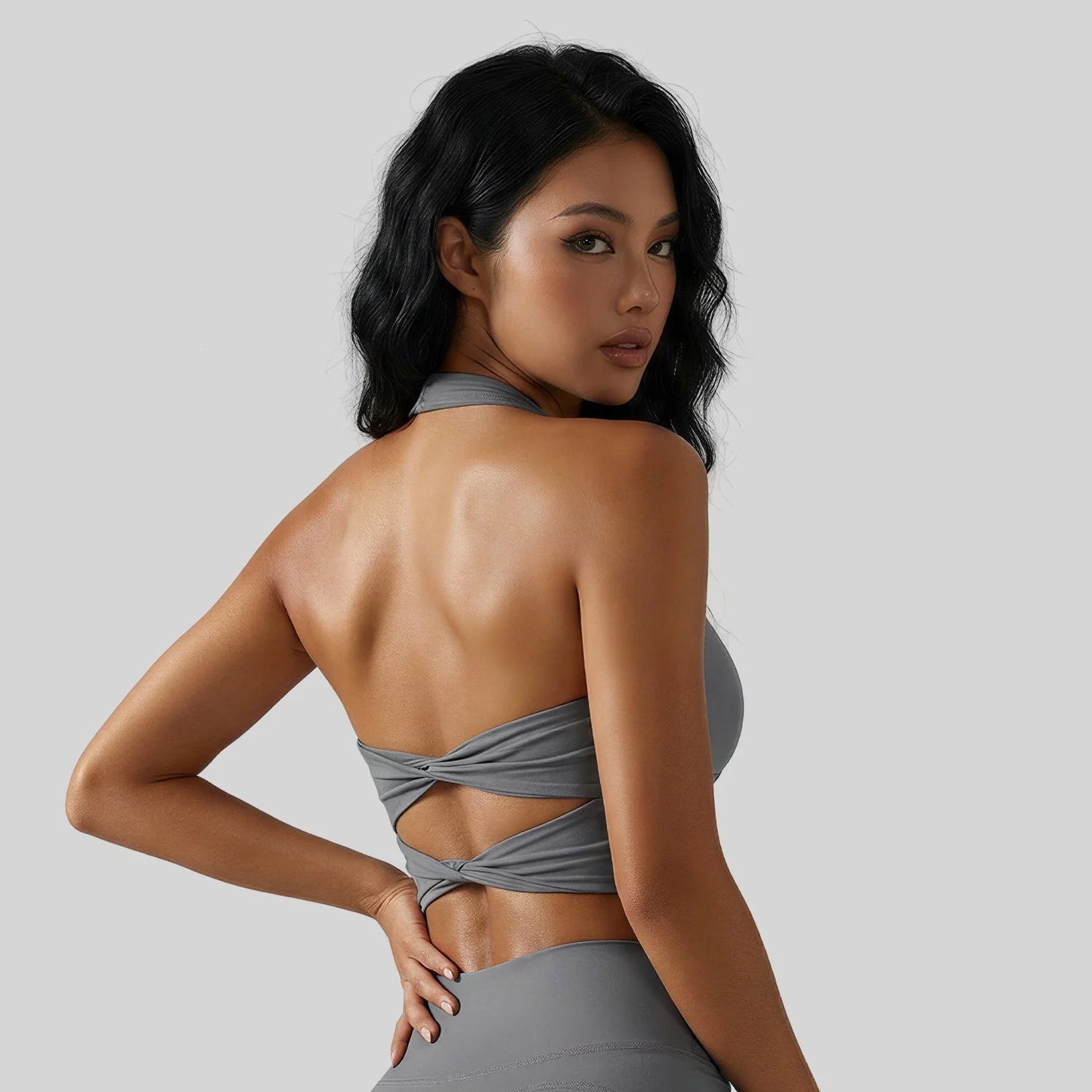 Peach Twist Halterneck Bra High Elastic Fixed Cup Summer Yoga Fitness Sports Bra