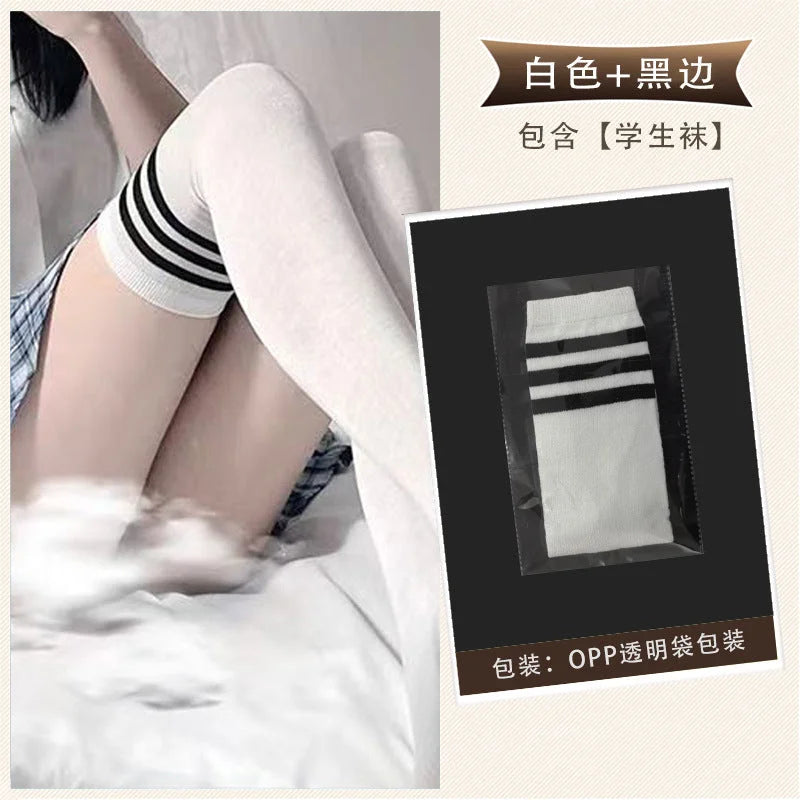 College Girl Thigh High Socks - Striped White Over Knee Student Stockings