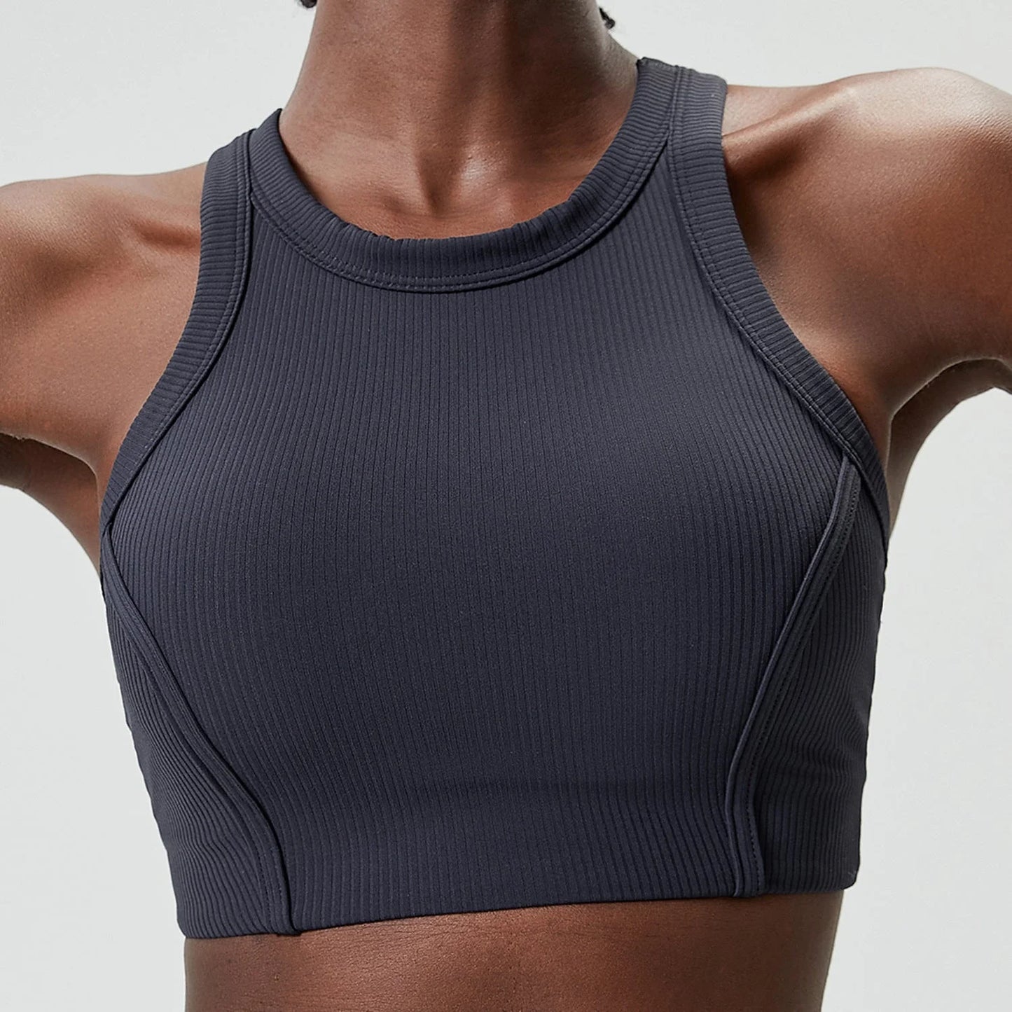 Liana Stripe High-Neck Sports Bra - High Support Yoga Bra with Removable Cups