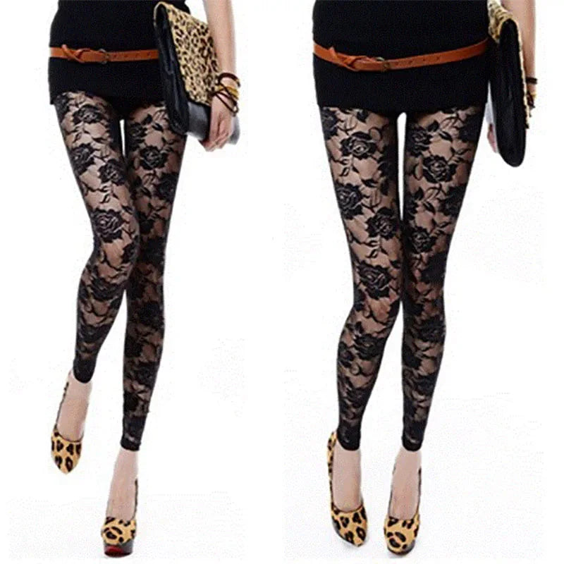 Lace Floral Cropped Leggings for Women - Sheer 9/10 Length Trousers