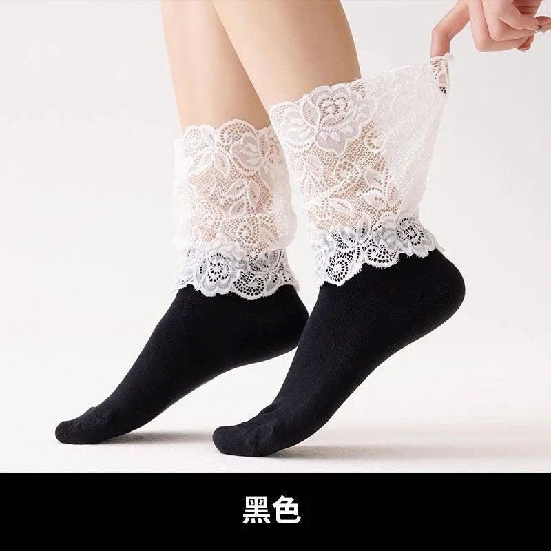 Lace Trim Mid Calf Socks Ballet Style Frill Edge Ankle Socks