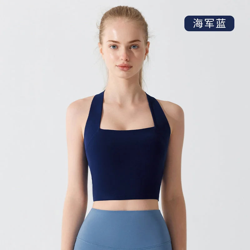 Summer Nude-Feel Antibacterial Crisscross Back Sports Bra Wide Shoulder Strap High Impact Yoga Bra