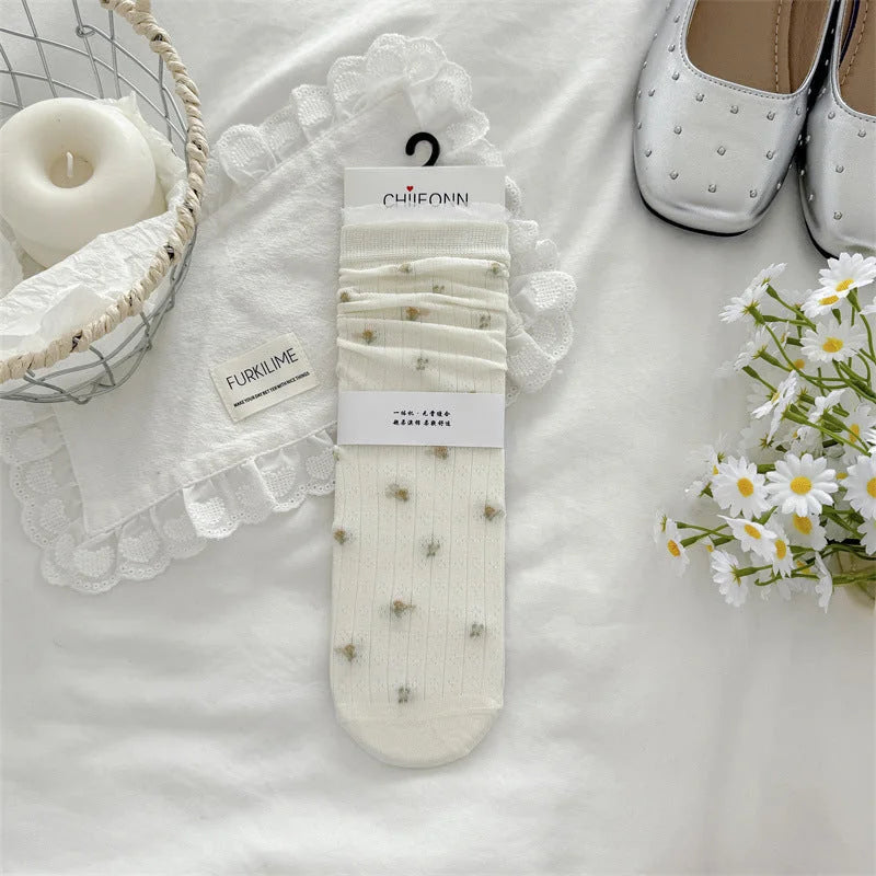 Sheer Floral Lace Trim Mid Calf Socks for Women