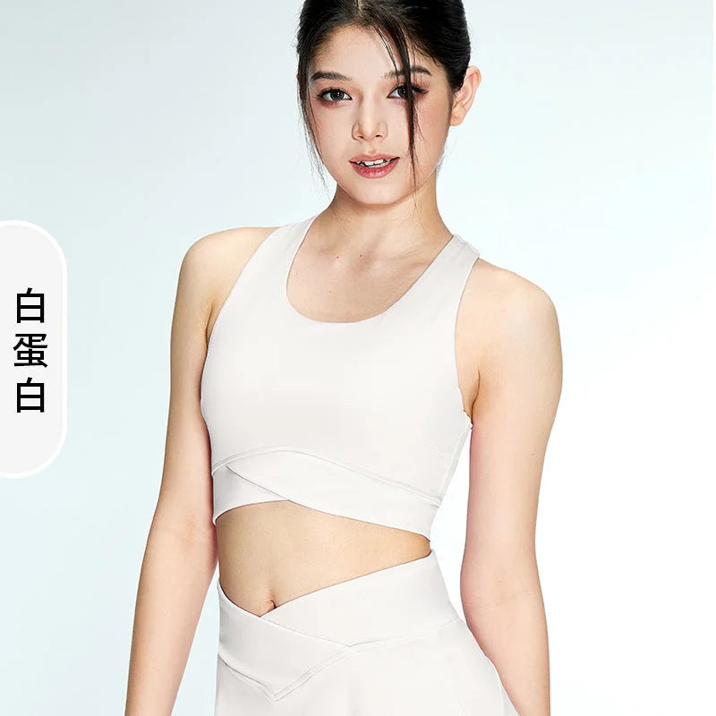 Cross-Waist High Support Yoga Sports Bra Removable Cups U-Neck Workout Lingerie