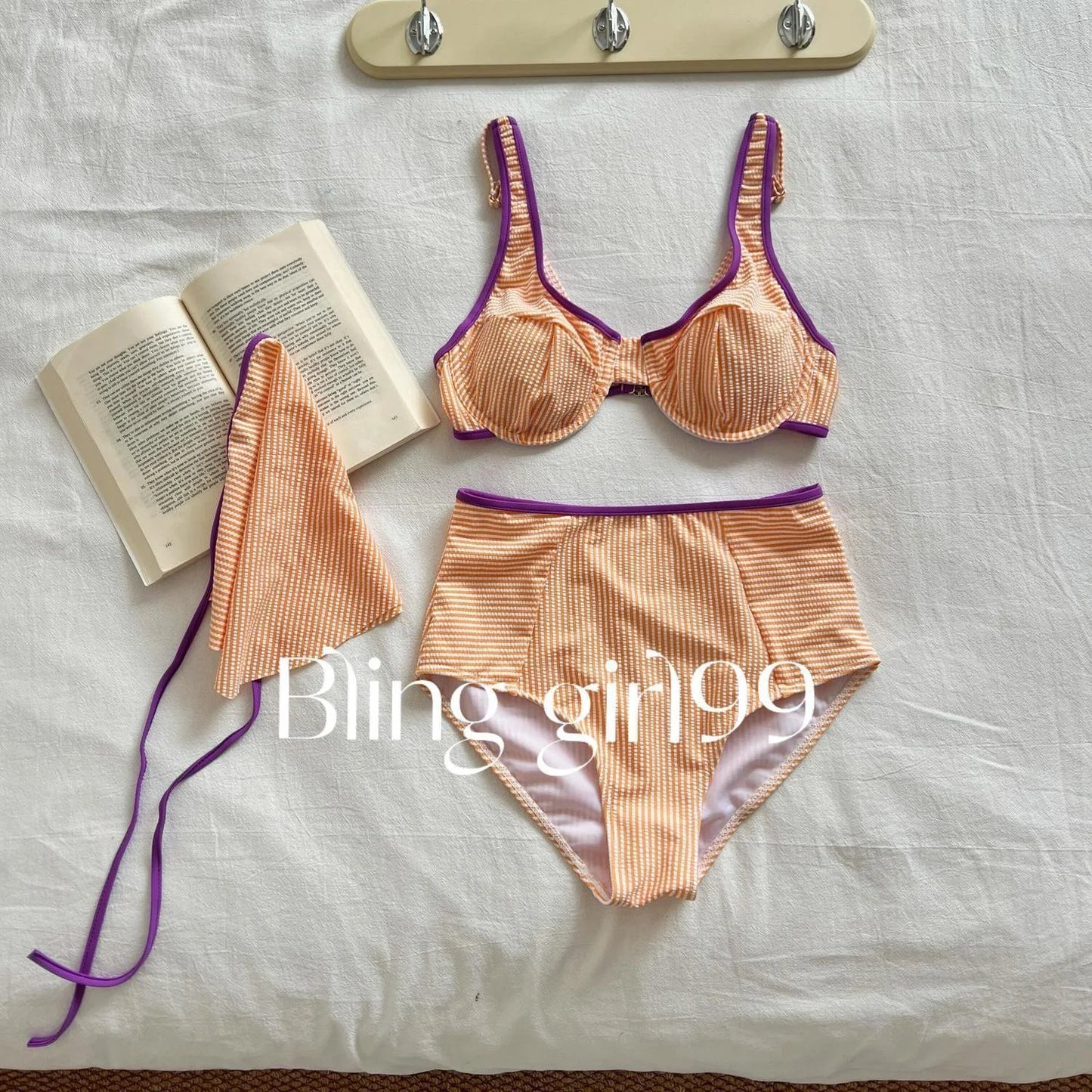 Retro High-Waisted Striped Bikini with Steel-Tone Cups and Soft Pads