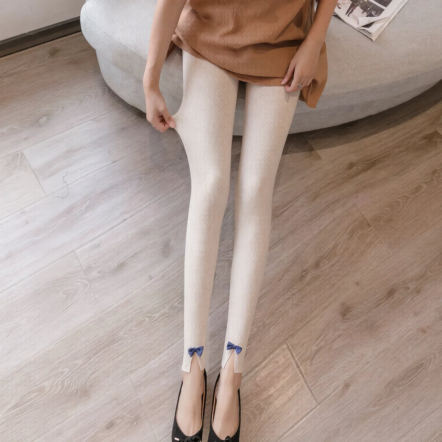 High-Waisted Ribbed Bow Detail Leggings Soft Cotton Blend