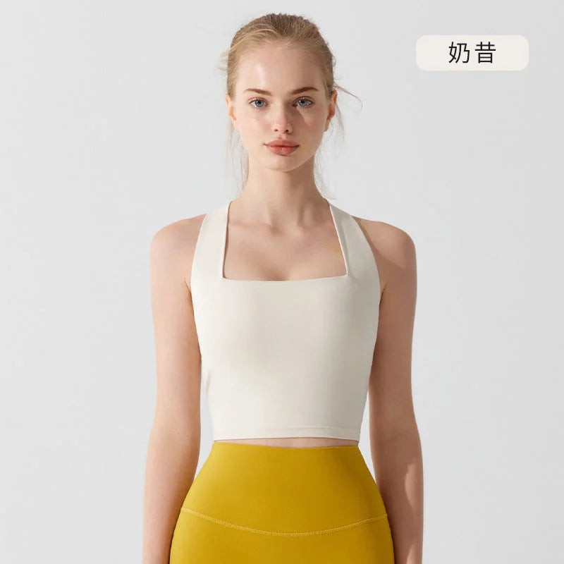 Summer Nude-Feel Antibacterial Crisscross Back Sports Bra Wide Shoulder Strap High Impact Yoga Bra