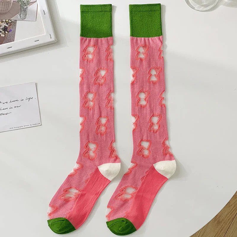 Floral Sheer Knee High Socks for Women - Navy & Pink Lace Cotton