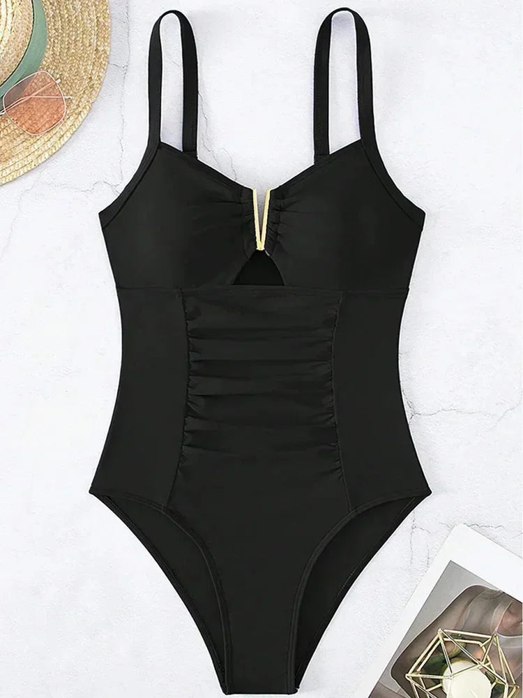 V Neck Pleated One Piece Swimsuit - High Cut Tummy Control Bathing Suit