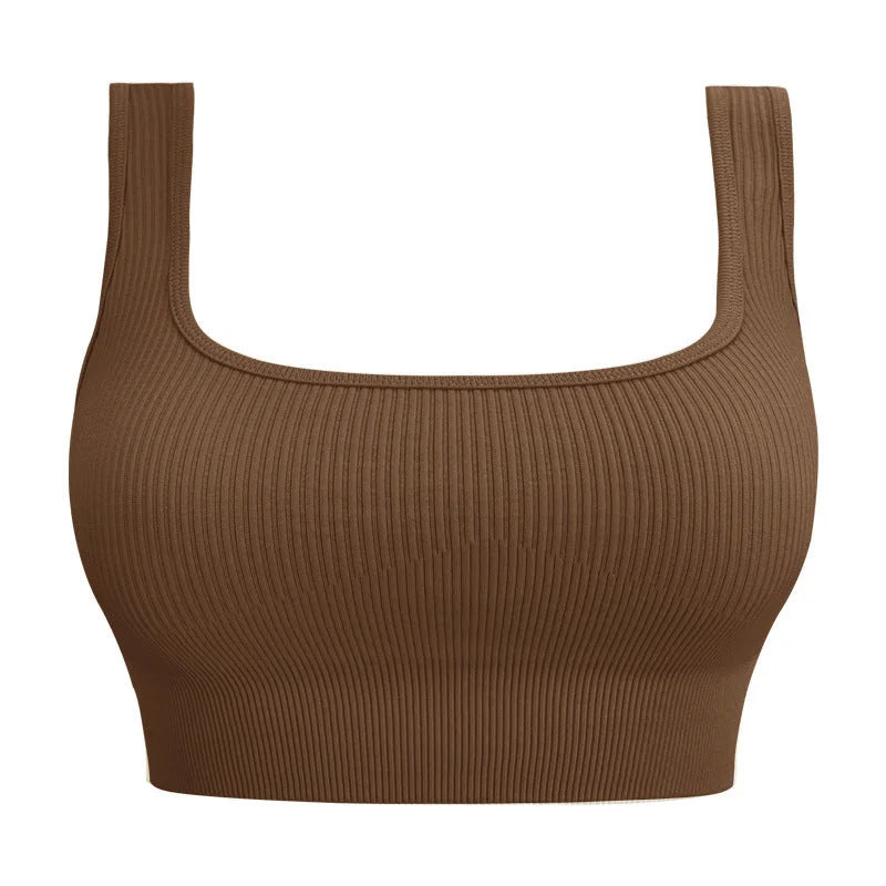 U-Back Ribbed Crop Tank Top with Built-in Pads