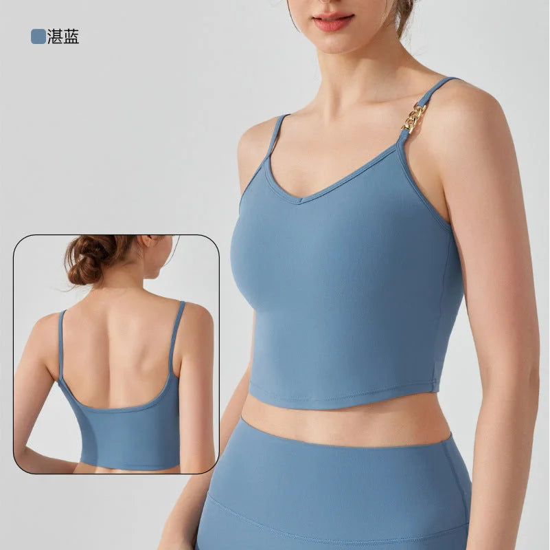 Nude Feel One-Piece Yoga Bra with Built-in Bra Cup, Spaghetti Strap Tank Top