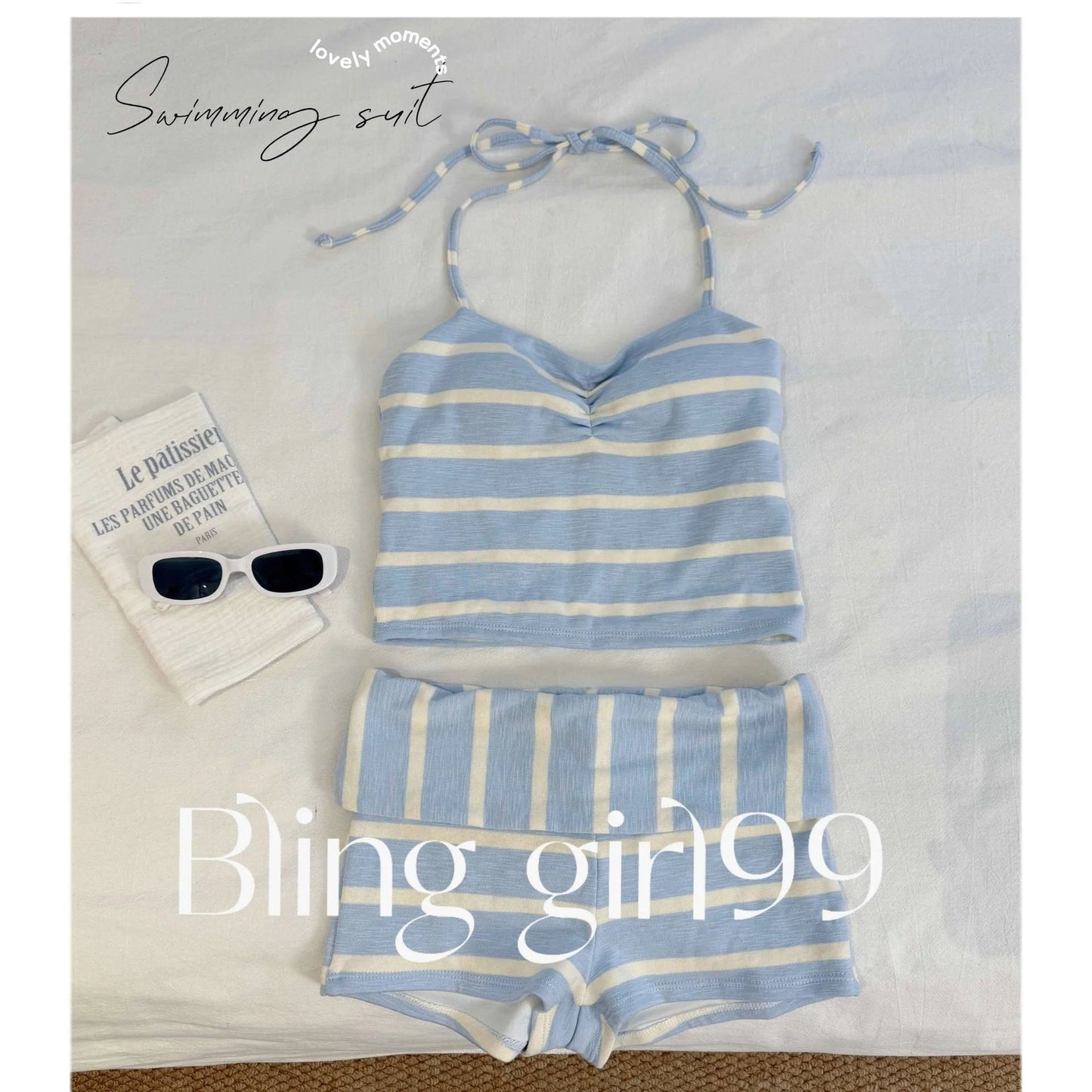 Pink Striped Halter Neck Swimwear with Cover-Up Shirt