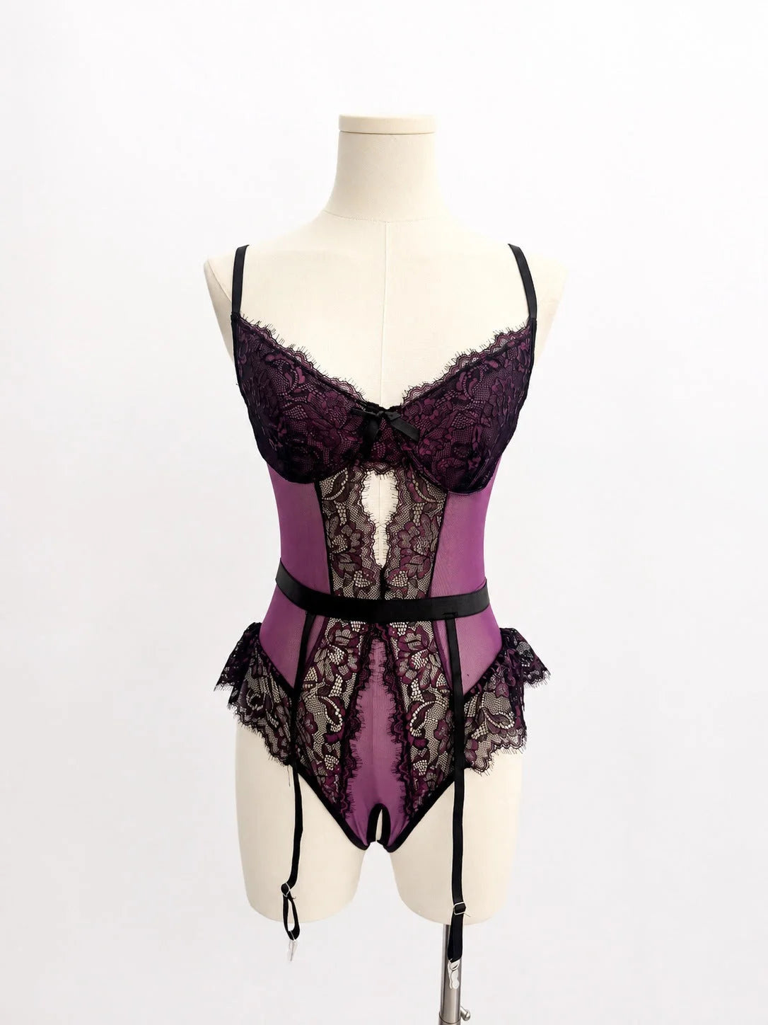 Sexy Lace Cutout Lingerie Bodysuit with Strappy Suspender