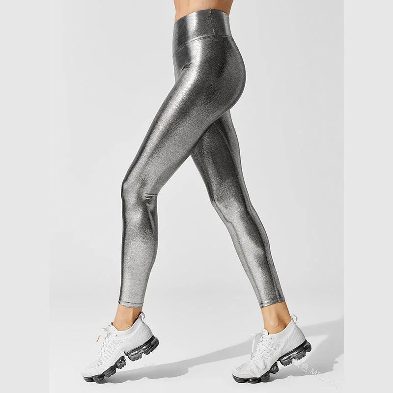 High-Waisted Metallic Leggings Pure Colour Yoga Pants Butt-Lifting Pencil Leggings