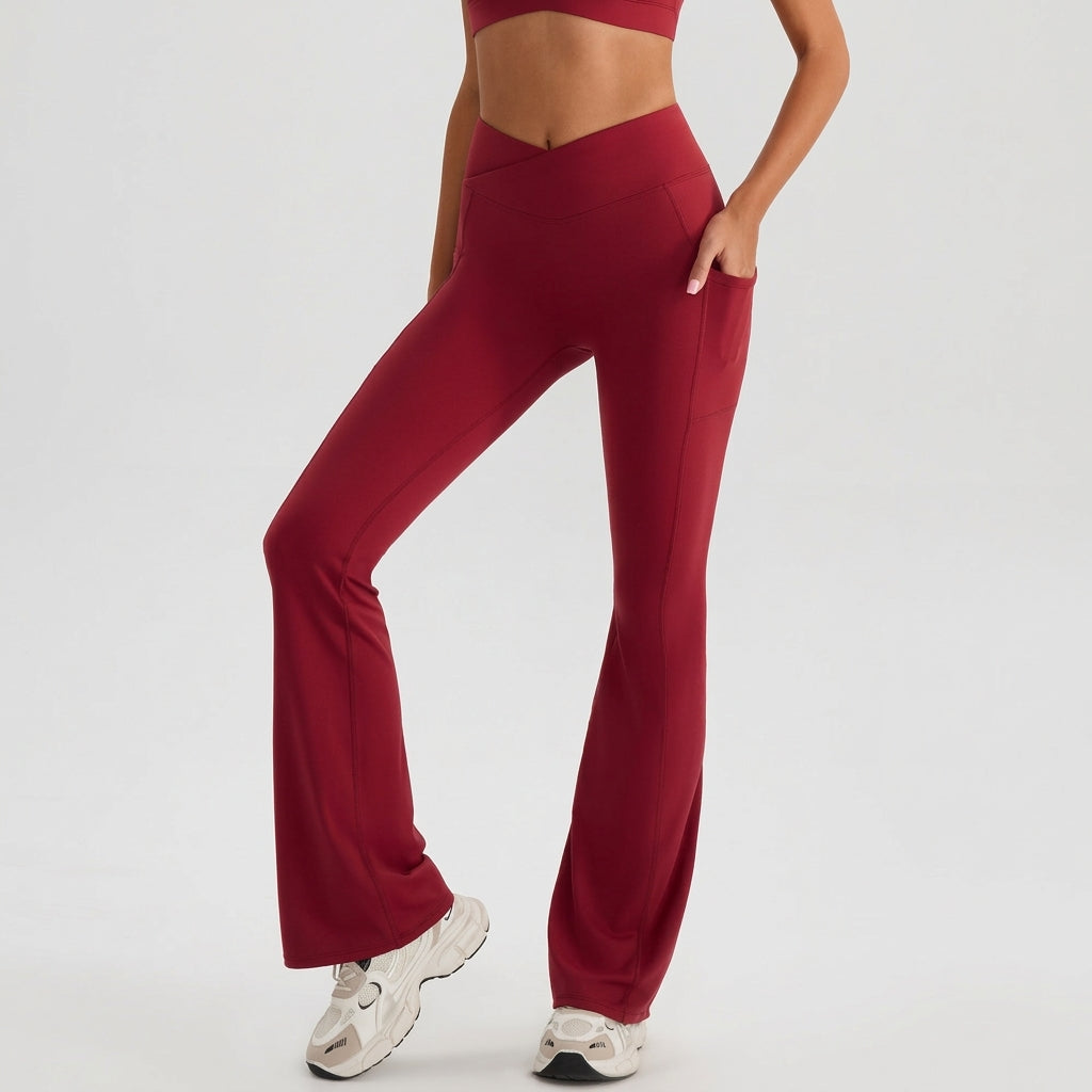 High-Waist Cross-V Flared Yoga Pants Side Pockets
