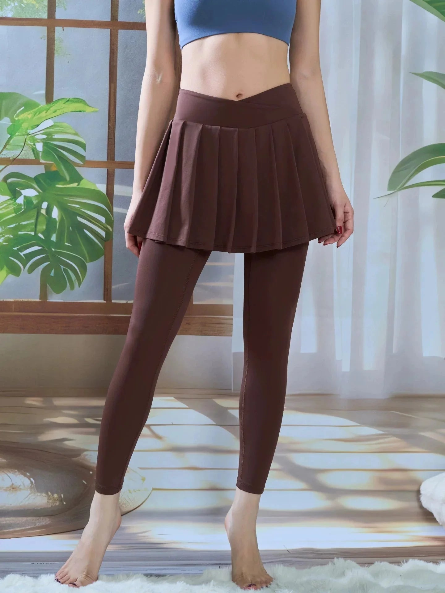 High Waisted Pleated Yoga Skirt Leggings - Anti-Chafe Quick Dry