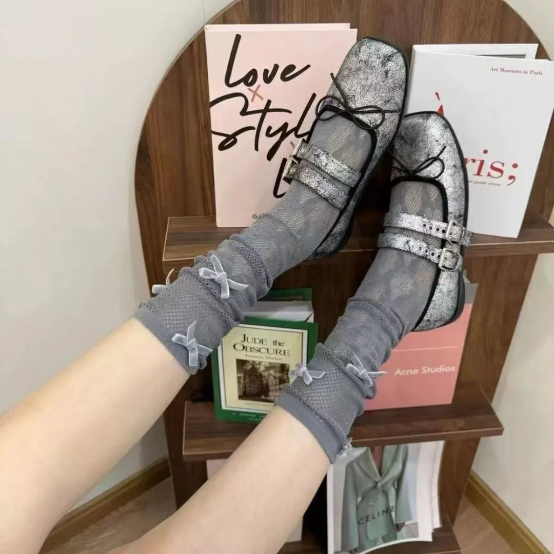 Ballet Style Mesh Mid-Calf Socks with Bow - Summer Sheer Stockings