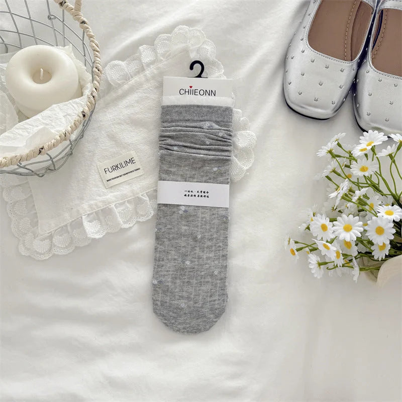 Sheer Floral Lace Trim Mid Calf Socks for Women