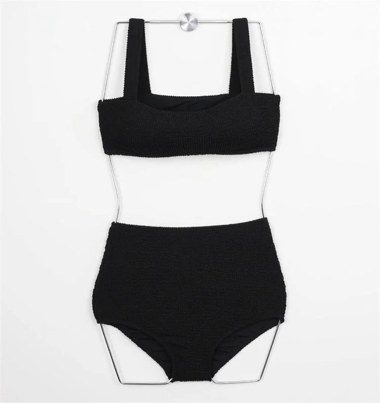 high waist two piece bikini set, colour blocking, figure sculpting swimwear