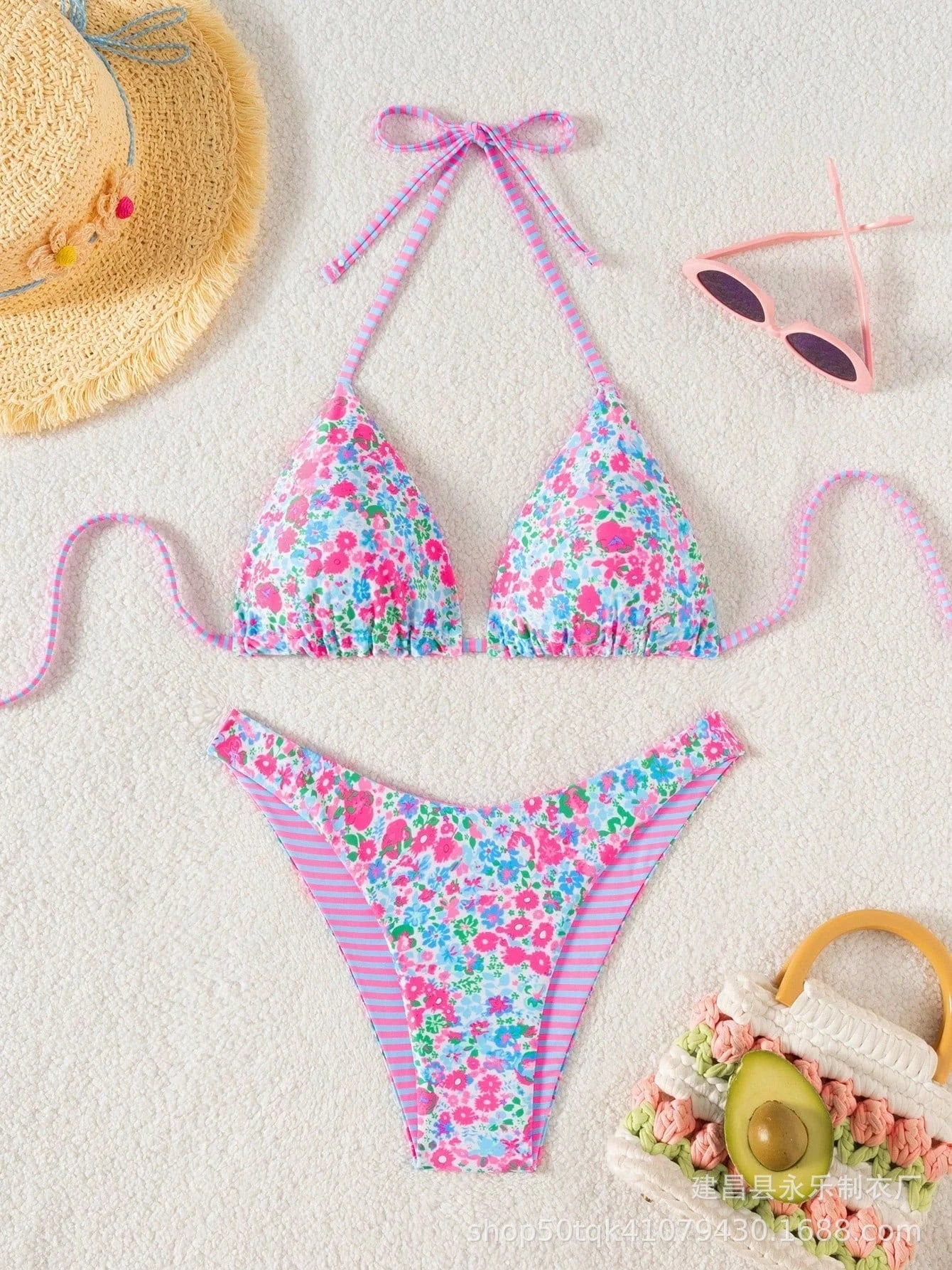 Floral print bikini set with tie front triangle top