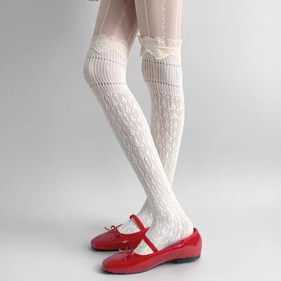 Lace Trim Diamond Pattern Over-the-Knee Socks for Women