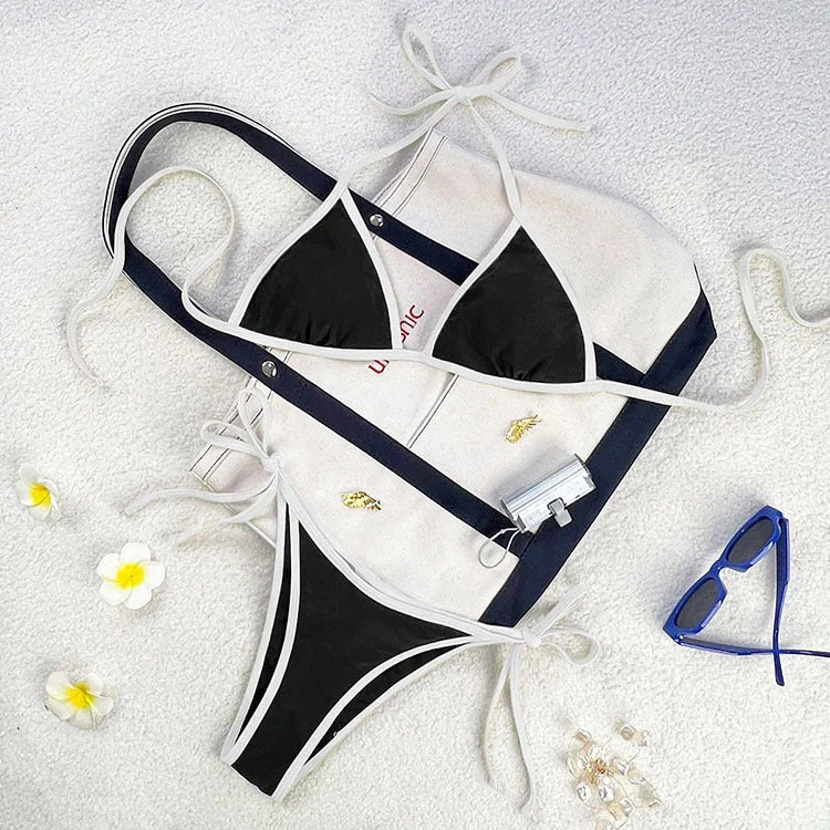 Colourful Tie-Strap Bikini Set with Bold Contrast Piping