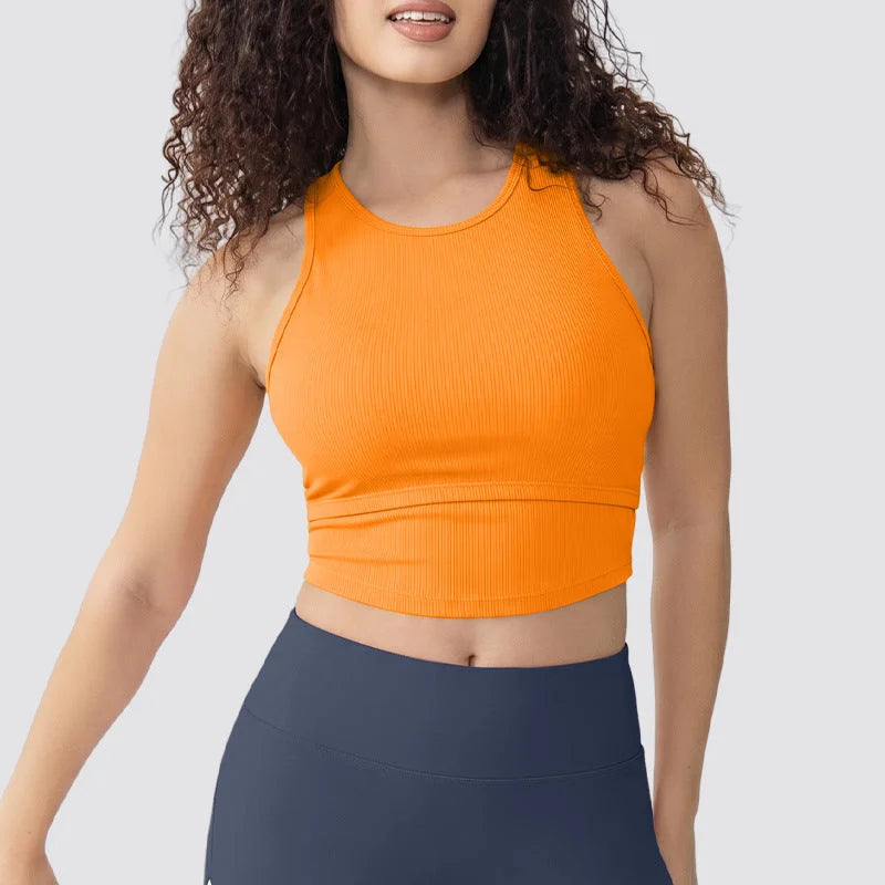 Ribbed Sport Tank Top - Arc Hem Camisole Yoga Bra with Chest Pad