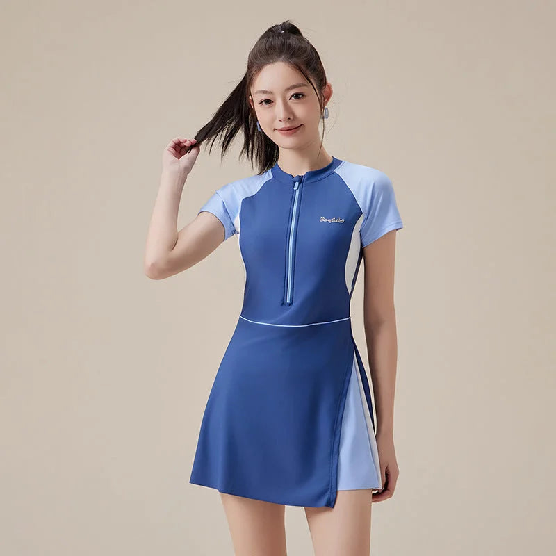 High-waisted sporty skirt two-piece swimsuit - tummy control & slimming effect