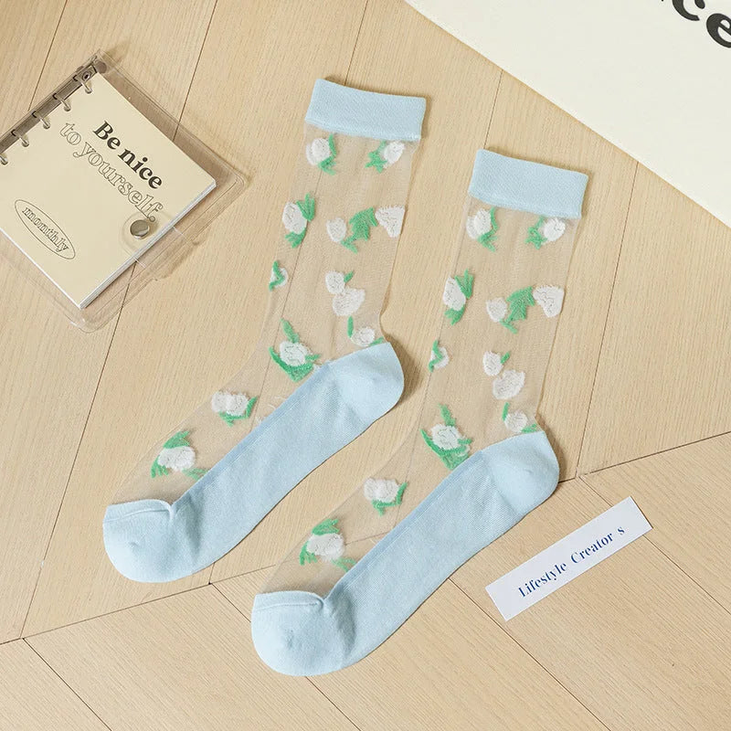 Sheer Floral Mid-Calf Socks Summer Sheer Glass Silk Hosiery