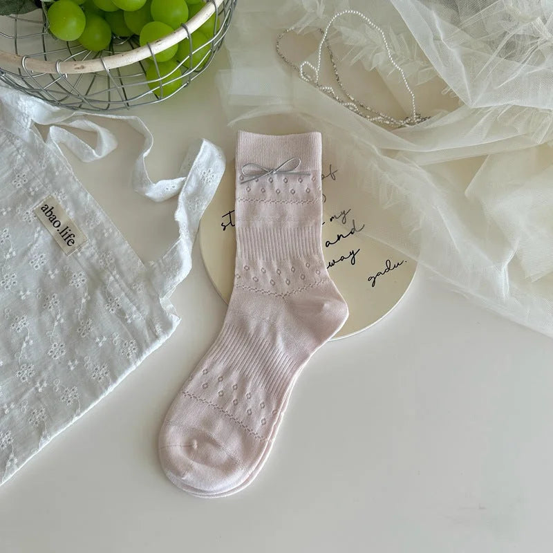 Women's Bow Mesh Mid Calf Socks Cute Japanese Style Summer Ankle Socks